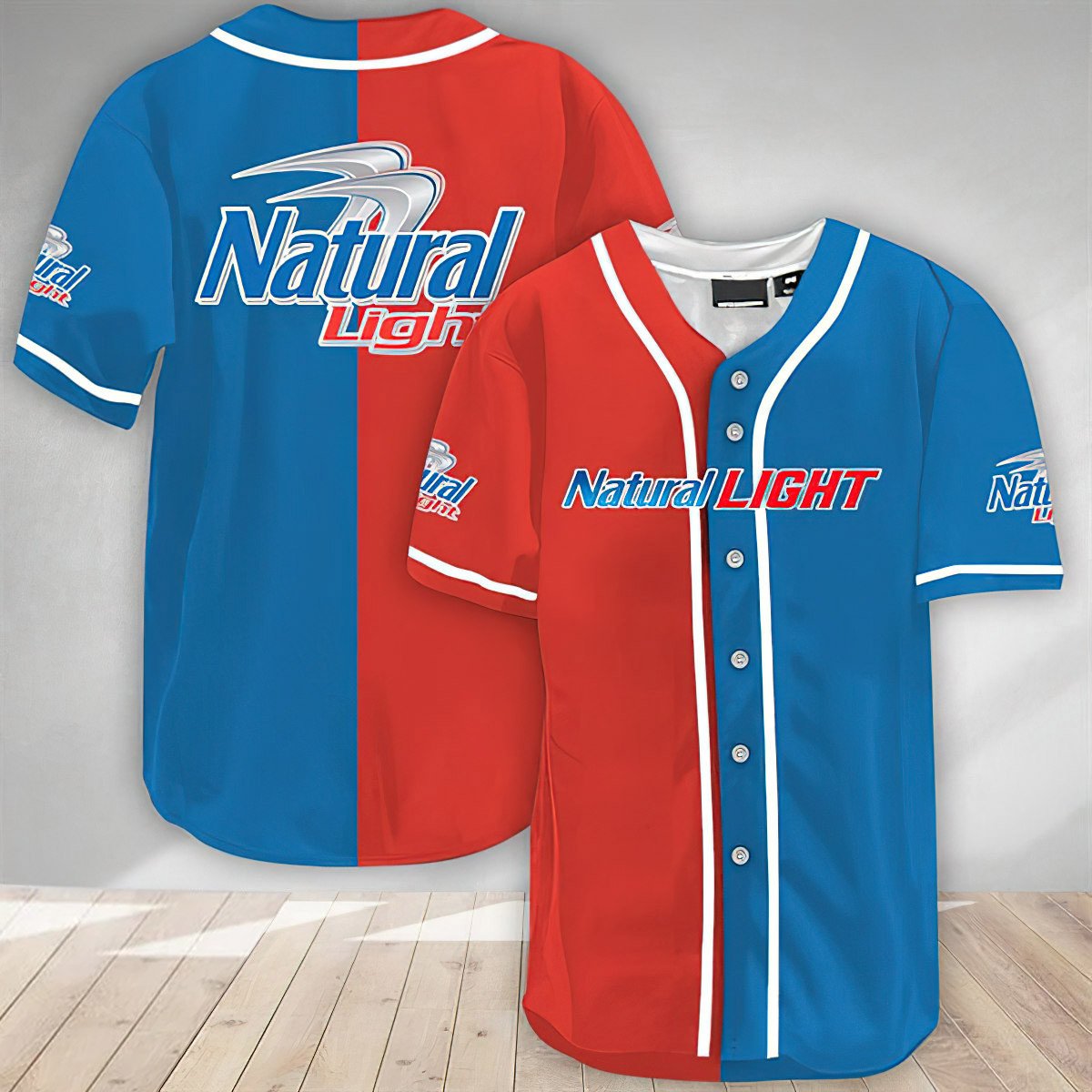 Red And Blue Split Natural Light Baseball Jersey
